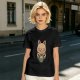 Olive green t-shirt with cute cat holding a mug print