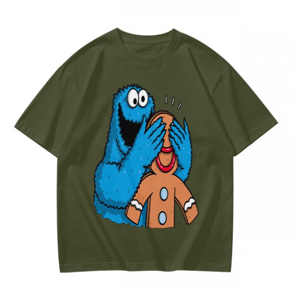 Olive T-shirt with Cookie Monster covering gingerbread man’s eyes