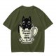 Olive T-Shirt With Black Cat In Coffee Cup 'Everything Is Pawsible With Coffee' Print