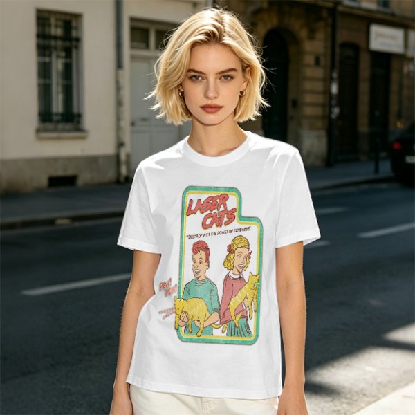 Olive graphic tee with Laser Cats retro comic print of kids holding laser cats