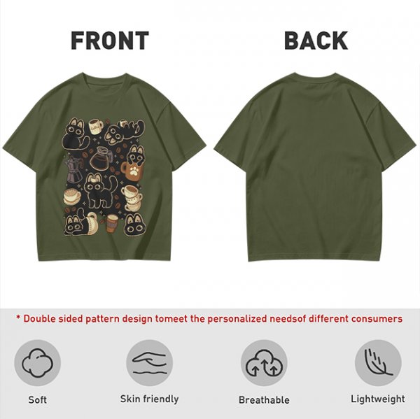Olive T-Shirt With Cute Black Cats And Coffee Themed Print