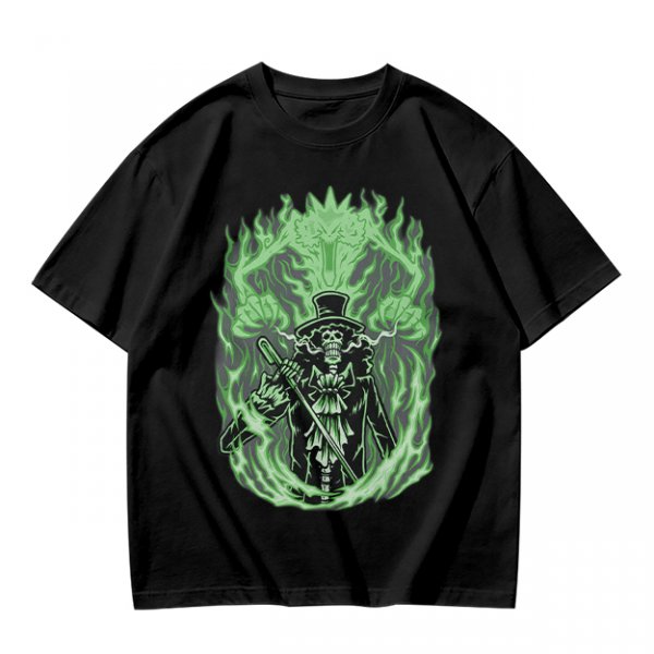 Olive T-Shirt With Skeleton Gentleman And Green Flames Art