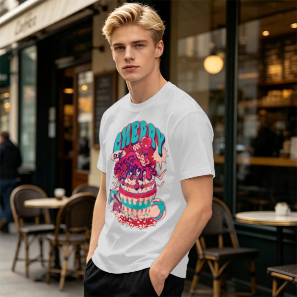 Olive T-shirt with Cherry Surf Cupcake Beach Graphic Print