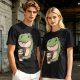 Olive T-shirt with Cute Dinosaur Holding Coffee Print