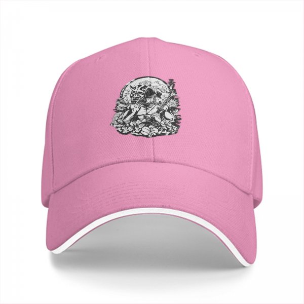 Black Baseball Cap With Japanese Oni Mask Floral Art Print