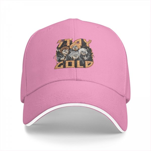 Black baseball cap with Stay Gold graphic print featuring four characters