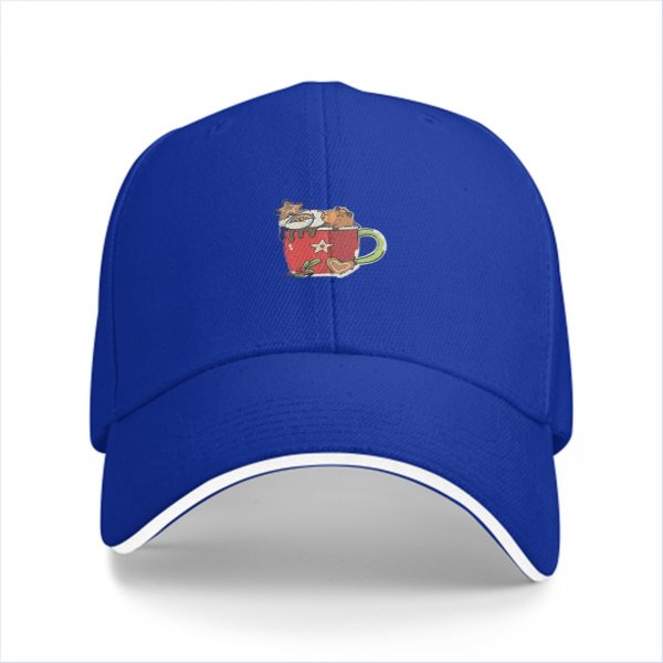 Black baseball cap with festive red mug and treats graphic