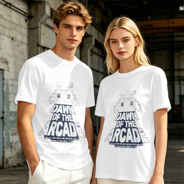 Olive T-Shirt with Retro Arcade Space Invader Graphic and Dawn of the Arcade Text