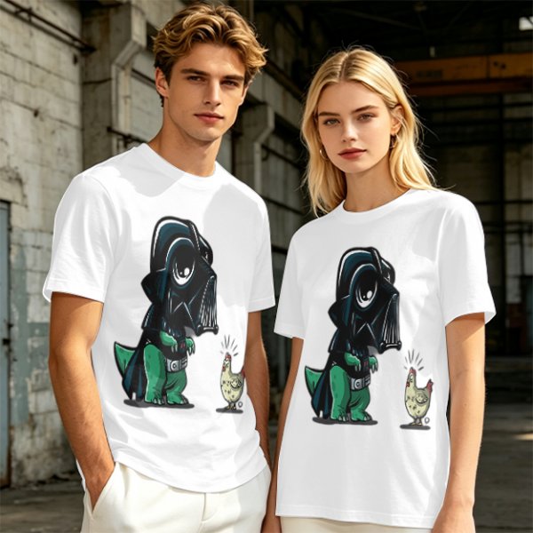 Olive T-shirt with cartoon dinosaur in Darth Vader helmet and chicken print