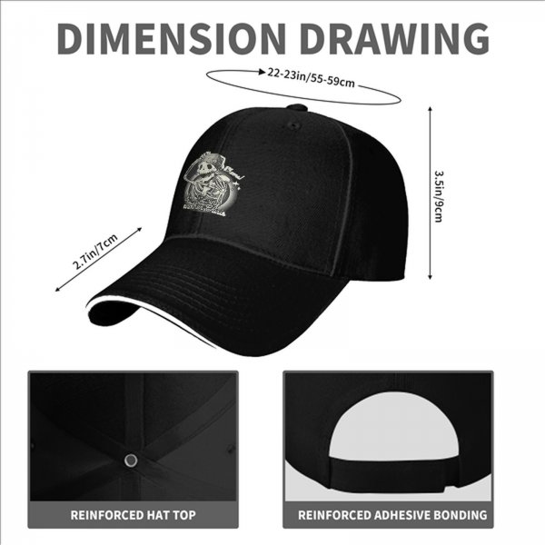 Black baseball cap with stressed skeleton graphic and crisis quote