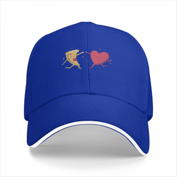 Black baseball cap with dancing pizza slice and pink heart design