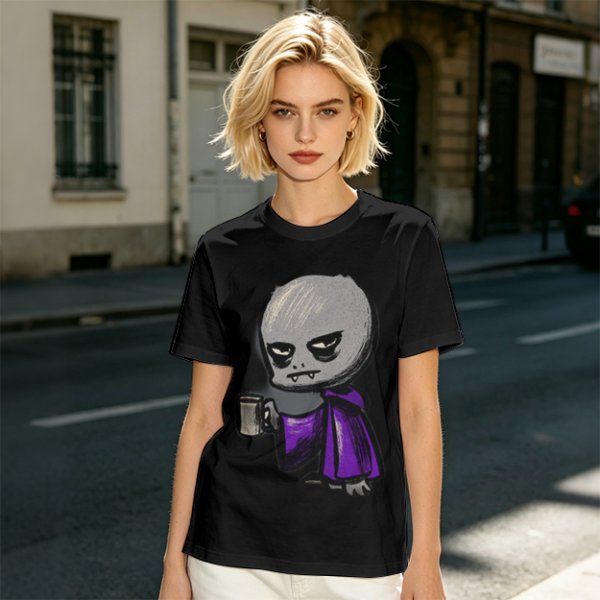 Olive T-Shirt With Grumpy Vampire Holding Coffee Mug Print