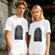 Olive green t-shirt with retro robot monster city attack graphic