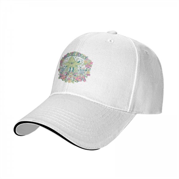 Black baseball cap with whimsical magical plant and mushroom graphic