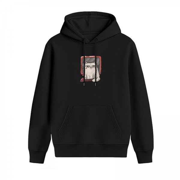 Black hoodie with grumpy cat on retro computer screen print