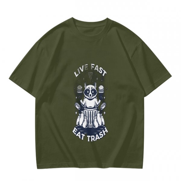 Olive graphic t-shirt with raccoon 'Live Fast Eat Trash' print