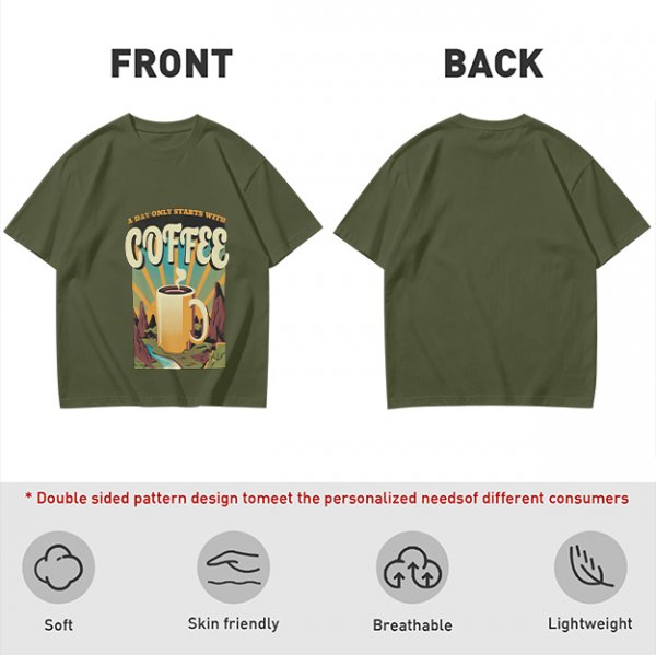 Olive Graphic T-Shirt With Coffee And Mountain Sunrise Design