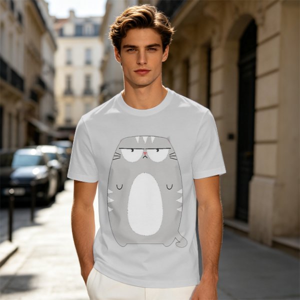 Olive Green T-Shirt With Grumpy Chubby Gray Cat Graphic