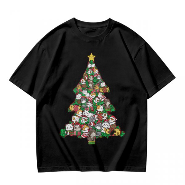 Olive T-Shirt With Cute Cat Christmas Tree Holiday Print