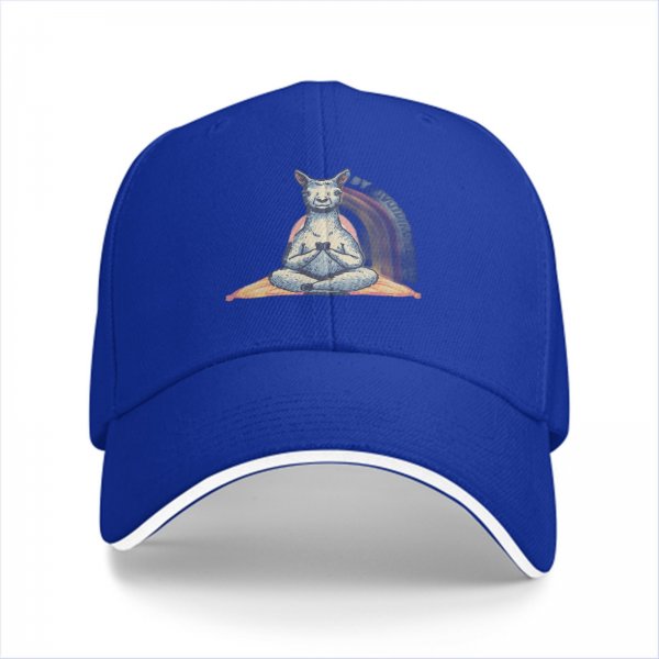 Black Baseball Cap With Meditating Llama Rainbow Print