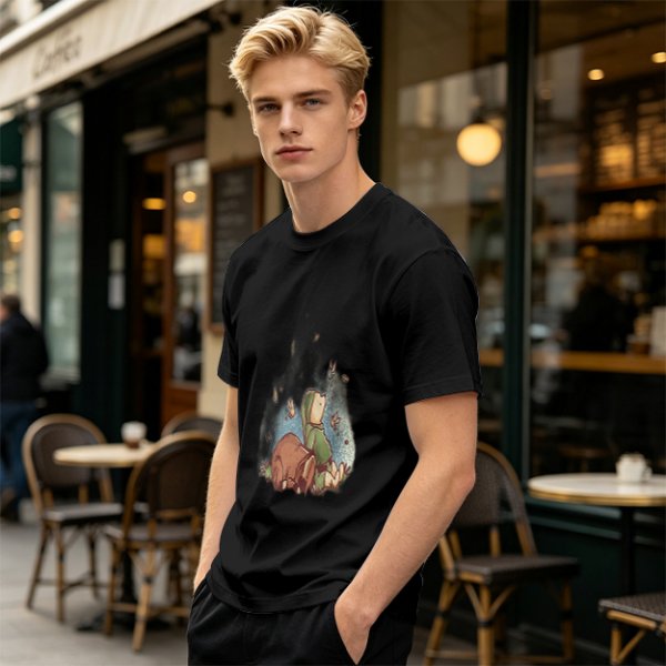 Olive green t-shirt with whimsical elf and dog artwork