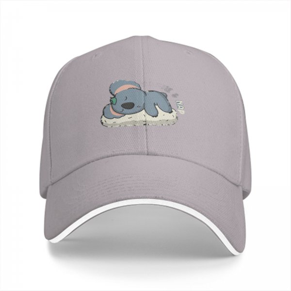 Black baseball cap with sleeping koala and 'nap' graphic