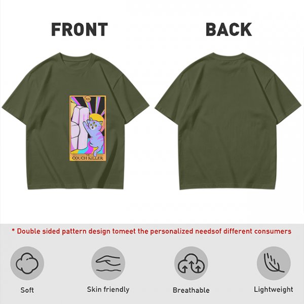Olive green t-shirt with three-eyed cat couch killer tarot-style graphic