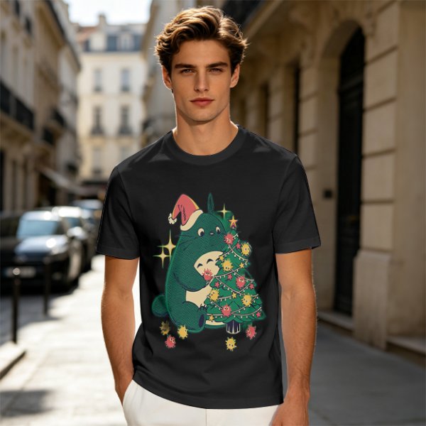 Olive Green T-Shirt With Christmas Totoro Decorating Tree Print