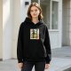 Black hoodie with whimsical stamp-style fantasy artwork print