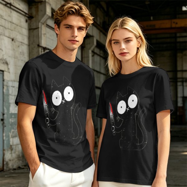 Olive T-shirt with a black cartoon cat holding a bloodied knife