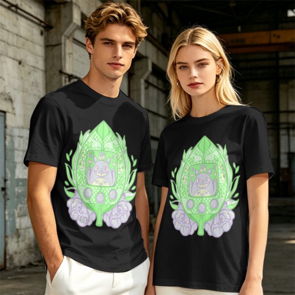 Olive Green T-Shirt With Leaf Shaped Tamagotchi Totoro Print