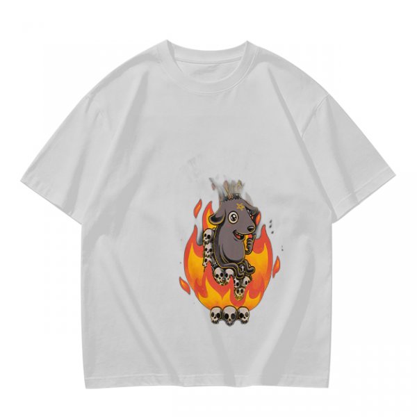 Olive T-Shirt With Cartoon Goat On Flames And Skulls Print