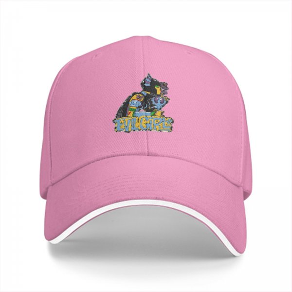 Black baseball cap with colorful cat graphic and Evil Girls text